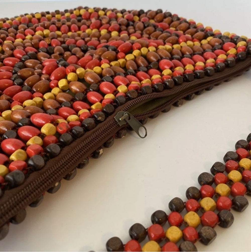 Wooden Bead Purse Satchel Hobo Bag Boho Hippie Bright Colors Red Brown Yellow - Picture 6 of 9